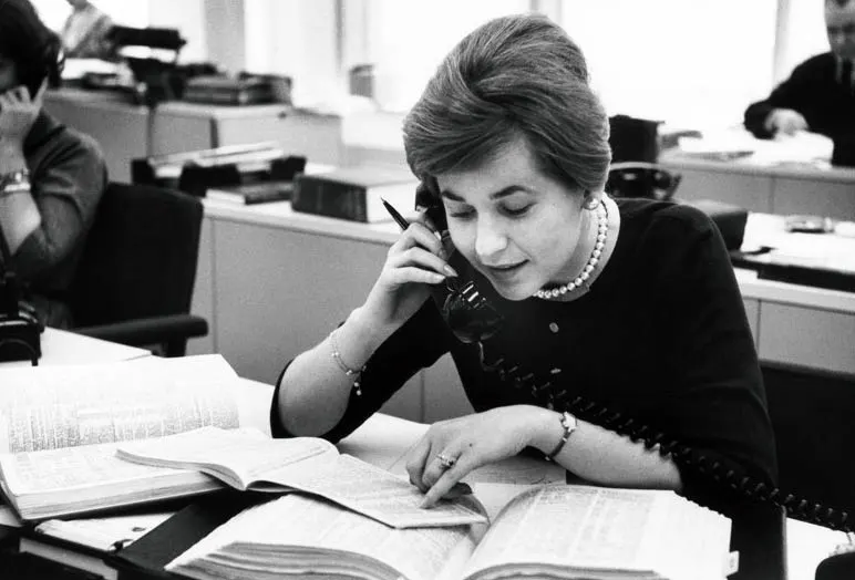 Harvard Radcliffe Program in Business Administration student Beverley Warnagieris completing field work, 1962