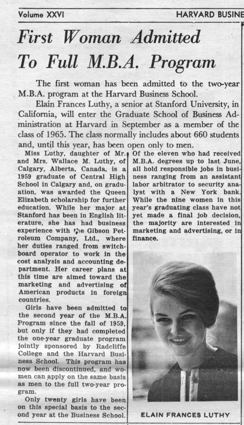 "First Women Admitted to Full M.B.A. Program." The Harbus News, April 12, 1963.
