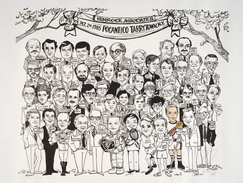 Caricatures of a group of people, one male caricature is colored in
