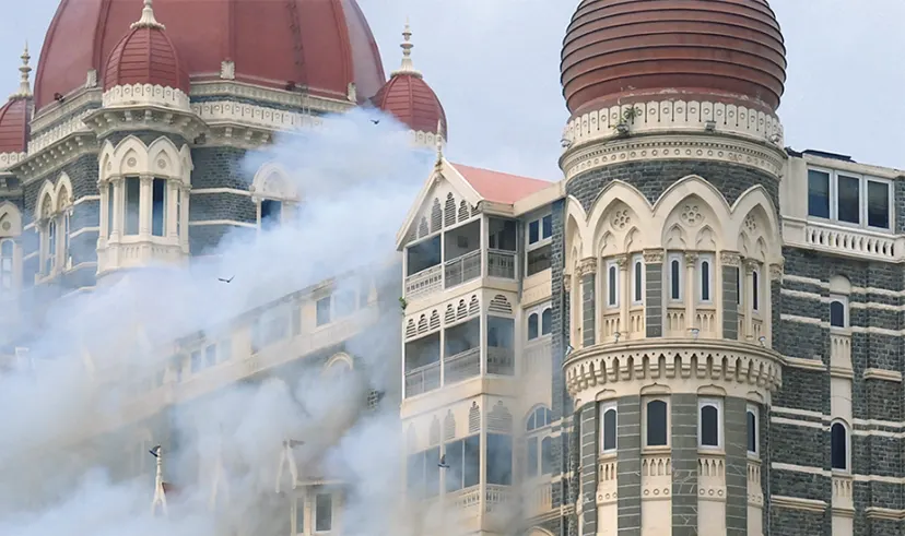 The Taj Mahal Palace & Tower burns during the 26/11 terrorist attacks