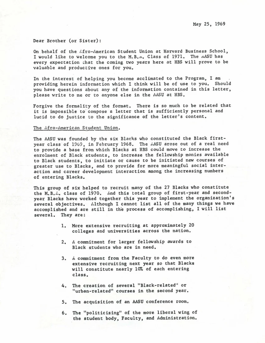 Letter from Cliff Darden to the Incoming MBA class of 1971