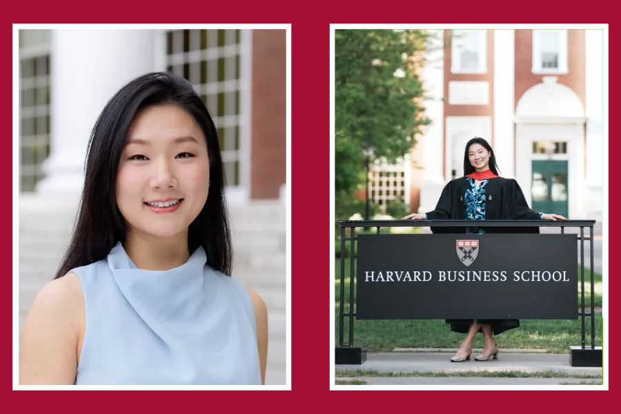 Zoe Sun headshot and on campus at HBS