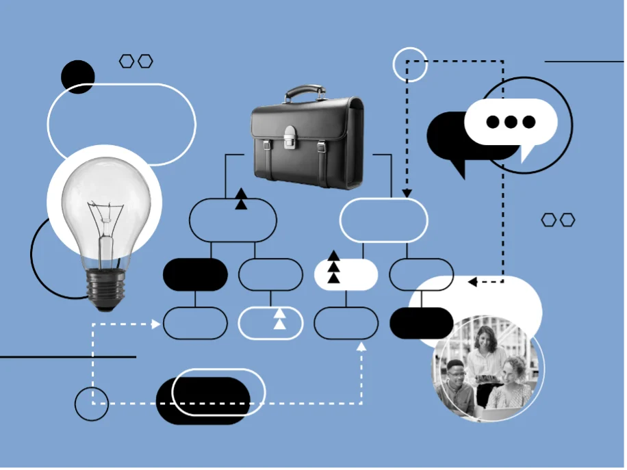 Blue tile with lightbulb, briefcase icons