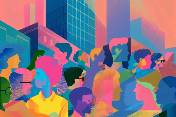 A colorful collage of buildings and silhouettes of people.