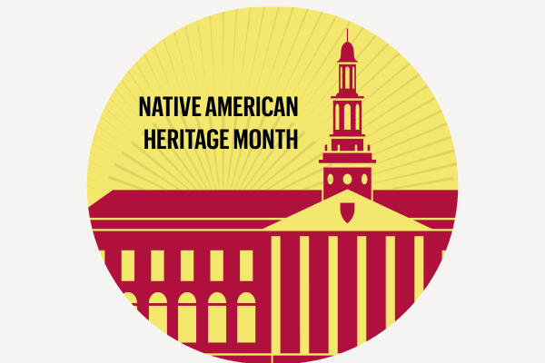 "Native American Heritage Month" and a facade of Baker Library