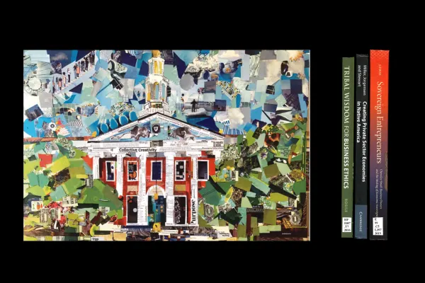 A collage of Baker Library's facade next to the spine of 3 books all on a black background.