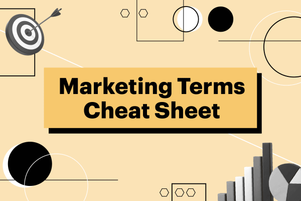 Graphic with the title "Marketing Terms Cheat Sheet" featuring icons like a target, pie chart, and bar graph.