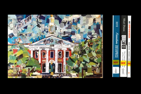 A collage of the facade of Baker Library next to the spine of 3 books.