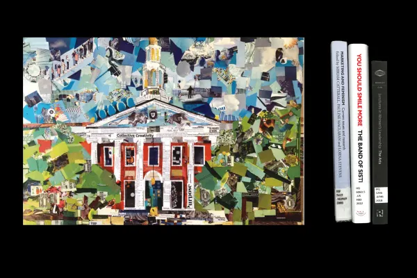 A collage of the facade of Baker Library next to the spine of 3 books.