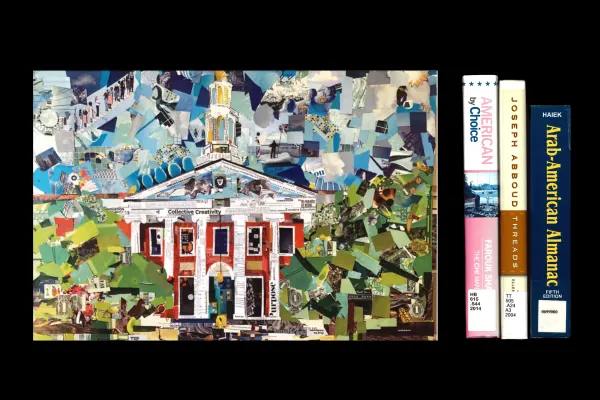 A collage of the facade of Baker Library next to the spine of 3 books.