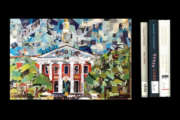A collage of the facade of Baker Library next to the spine of 3 books.
