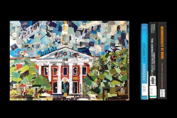 A collage of the facade of Baker Library next to the spine of 3 books.