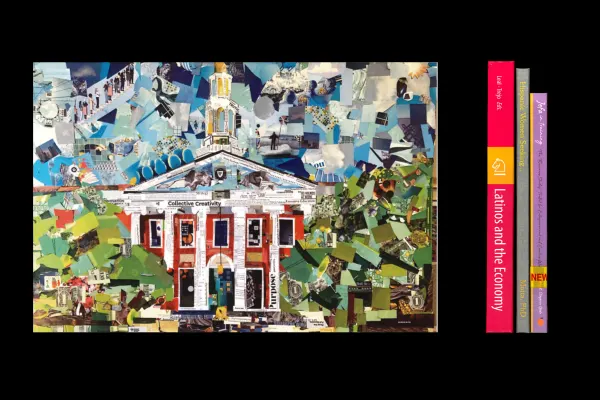 A collage of the facade of Baker Library next to the spine of 3 books.