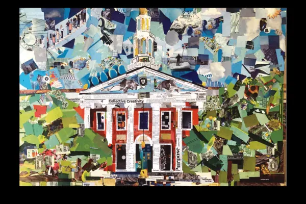 A collage of the facade of Baker Library next to the spine of 3 books.