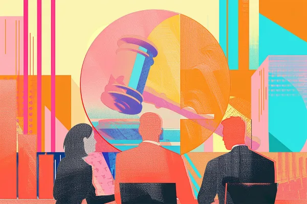 A colorful collage of three people sitting a table with a gavel in the sky against a background of buildings.