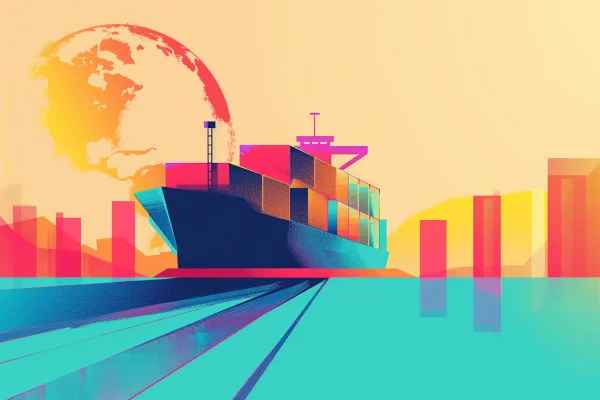 A carrier ship floating in water against a background with buildings and a globe in the sky.