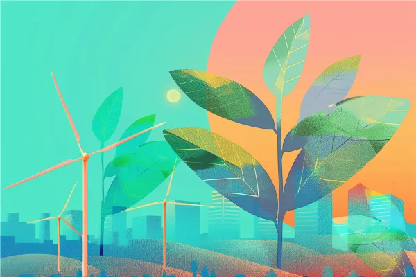 A colorful collage of buildings windmills and plants.