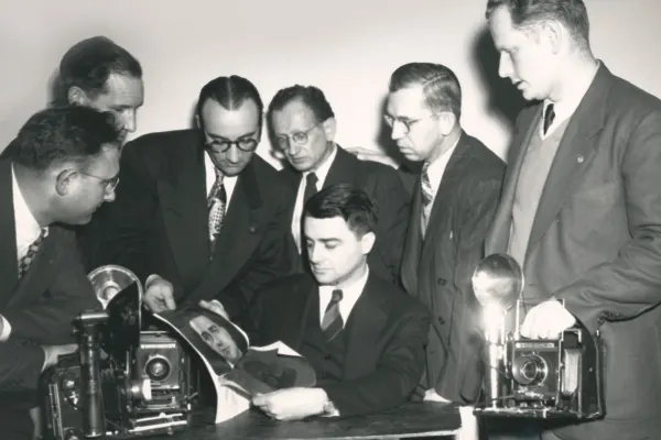 Edwin Land demonstrates instant photography for the American Optical Society on February 21