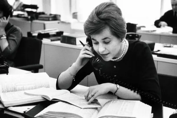 Harvard Radcliffe Program in Business Administration student Beverley Warnagieris completing field work, 1962