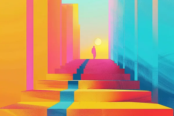A person walking up a colorful set of stairs.