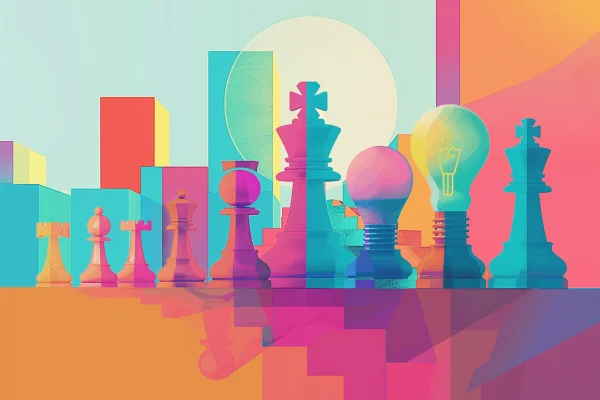 A colorful landscape of budlings and chess pieces.