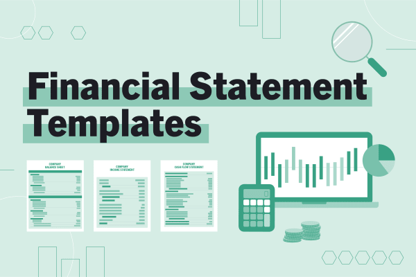 Illustration of financial statement templates with a laptop, calculator, and documents under the title “Financial Statement Templates.