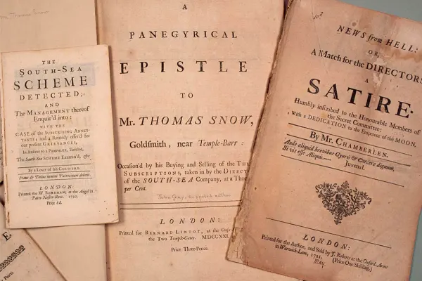 Early 18th-century pamphlets criticizing the South Sea Company, including satirical and analytical works on the South Sea Bubble financial scandal