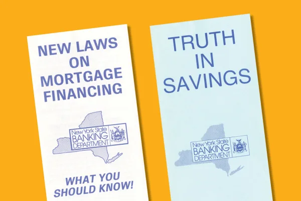 Two pamphlets from the NY State Banking Department on mortgage laws and savings disclosure, shown against a yellow background.