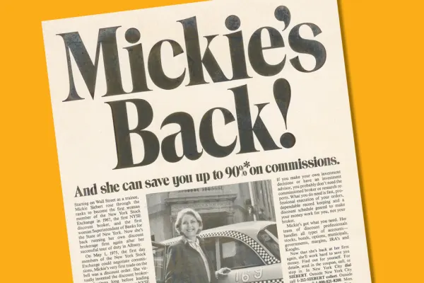 Newspaper ad with headline "Mickie's Back!" featuring Muriel Siebert standing beside a NYC taxi.