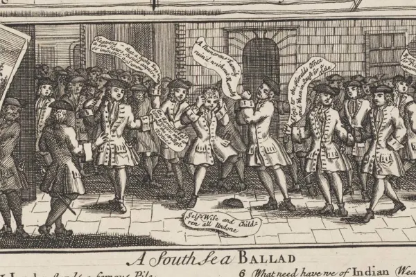 Engraving detail from A South Sea Ballad showing a crowd of 18th-century figures holding banners and protesting during the South Sea Bubble crisis