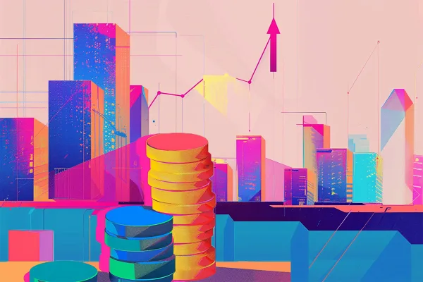 A colorful collage of buildings, stacks of coins, and line graphs.