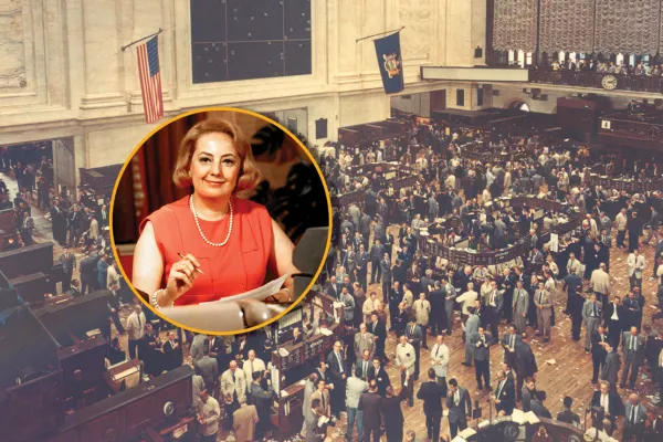 NYSE trading floor crowded with brokers; inset shows Muriel Siebert holding papers and a pen, wearing a red dress.