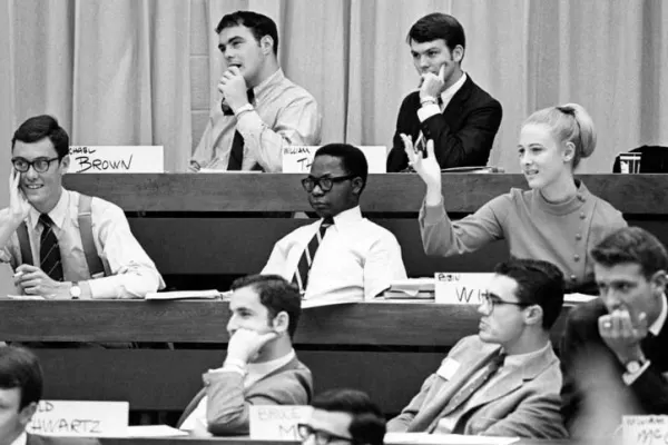 MBA students in classroom, including Robin Wigger (MBA 1970), ca. 1970