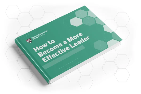 Green Harvard Business School Online book titled “How to Become a More Effective Leader” with hexagon pattern background.
