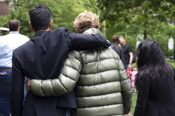 Alumni reconnect at their first-year reunion on the Harvard Business School campus.