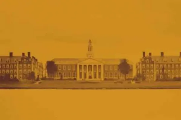 Yellow toned illustration of baker library sitting between two other buildings.