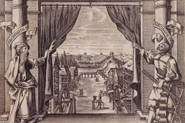 An old illustration of a theater titled "Theatrum Machinarum Novum". It's flanked by pillars with Archimedes and Mechanicus standing at each, drawing back a curtain.