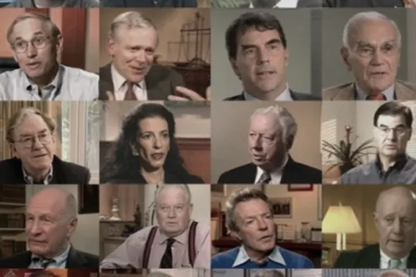 A collage of portrait shots of various individuals. Many of them appear to be mid-speech, as if they are currently being interviewed.