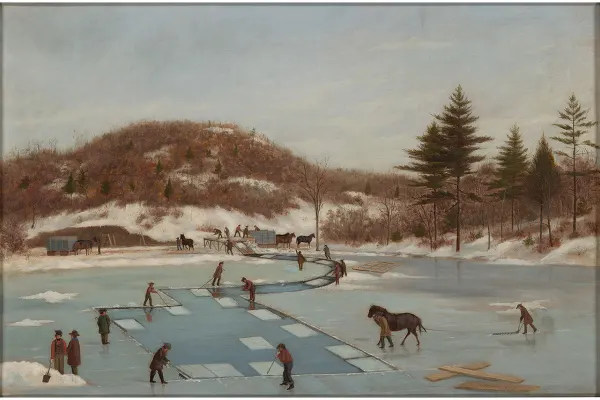 Painting of workers on frozen pond cutting ice