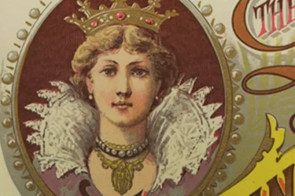 An old American ad depicting female royalty wearing stacked necklaces, a gold crown, and a large white lace collar. The name of the company or product being advertised goes off frame.