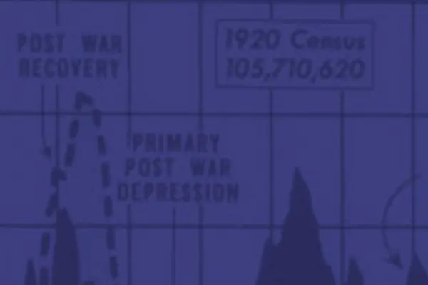 A chart in blue tones lists the years 1919-1924. Graphs depict the post war recovery, primary post war depression, and other events over that time frame. The 1920 Census data is also shown.