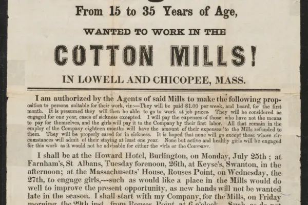 Broadside advertising work opportunity for women in cotton mills