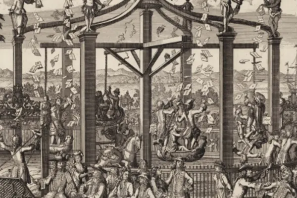 A sepia toned illustration of a group of men in long coats and powdered wigs riding or standing before a wooden carousel while statues atop the carousel’s pillars drop papers down upon them. Text reads “DesWaerelds doen en doolen. Is maar een MALLEMOOLEN.”