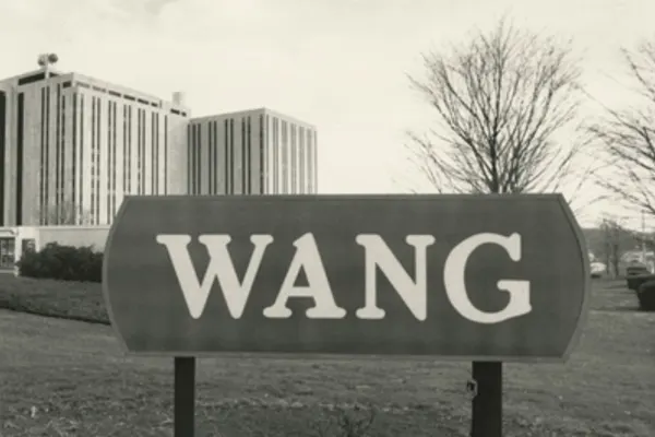 A sign that says "WANG" in all caps in a field with a few leafless trees and a tall office building in the background depicted in black and white.
