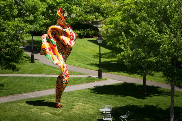 Y. Shonibare CBE RA, Wind Sculpture (SG) V, 2019, stainless steel armature with hand painted glass reinforced polyester cast. 275 1/2×100×78 5/8 in, C Ludens Ringnes Sculpture Collection, HBS © Yinka Shonibare CBE RA. All Rights Reserved, DACS/ARS, NY 2023