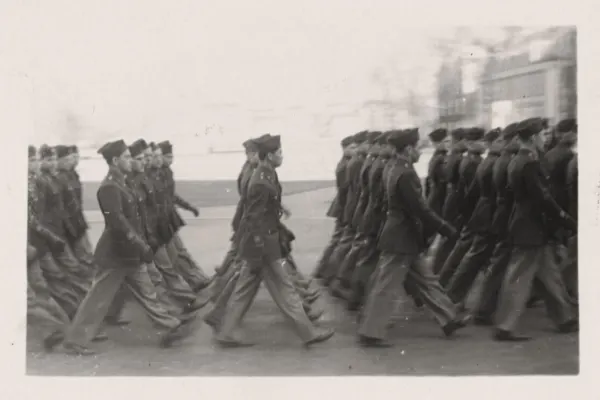 Rows of student soliders marching across HBS campus