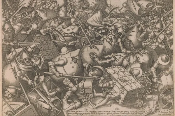 Engraving of soldiers with the bodies of money bags and chests fighting