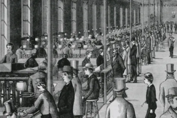 An old illustration of individuals in suits and hats in a large room with high ceilings. Some individuals walk the hallway while others sit on bar stools at high topped tables beneath tall windows.