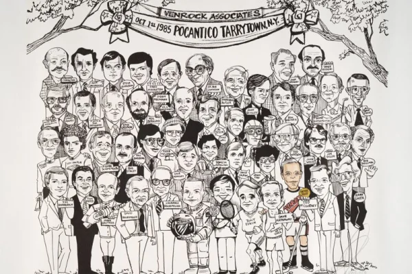 Caricatures of a group of people, one male caricature is colored in