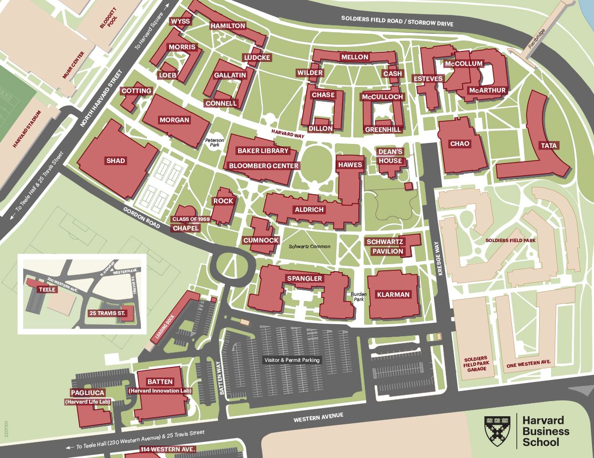 Map of Harvard Business School campus; interactive pins are overlaid where outdoor sculptures can be found